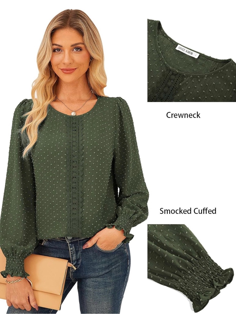 Grace Karin Olive Green Textured Crewneck Blouse with Lace Trim